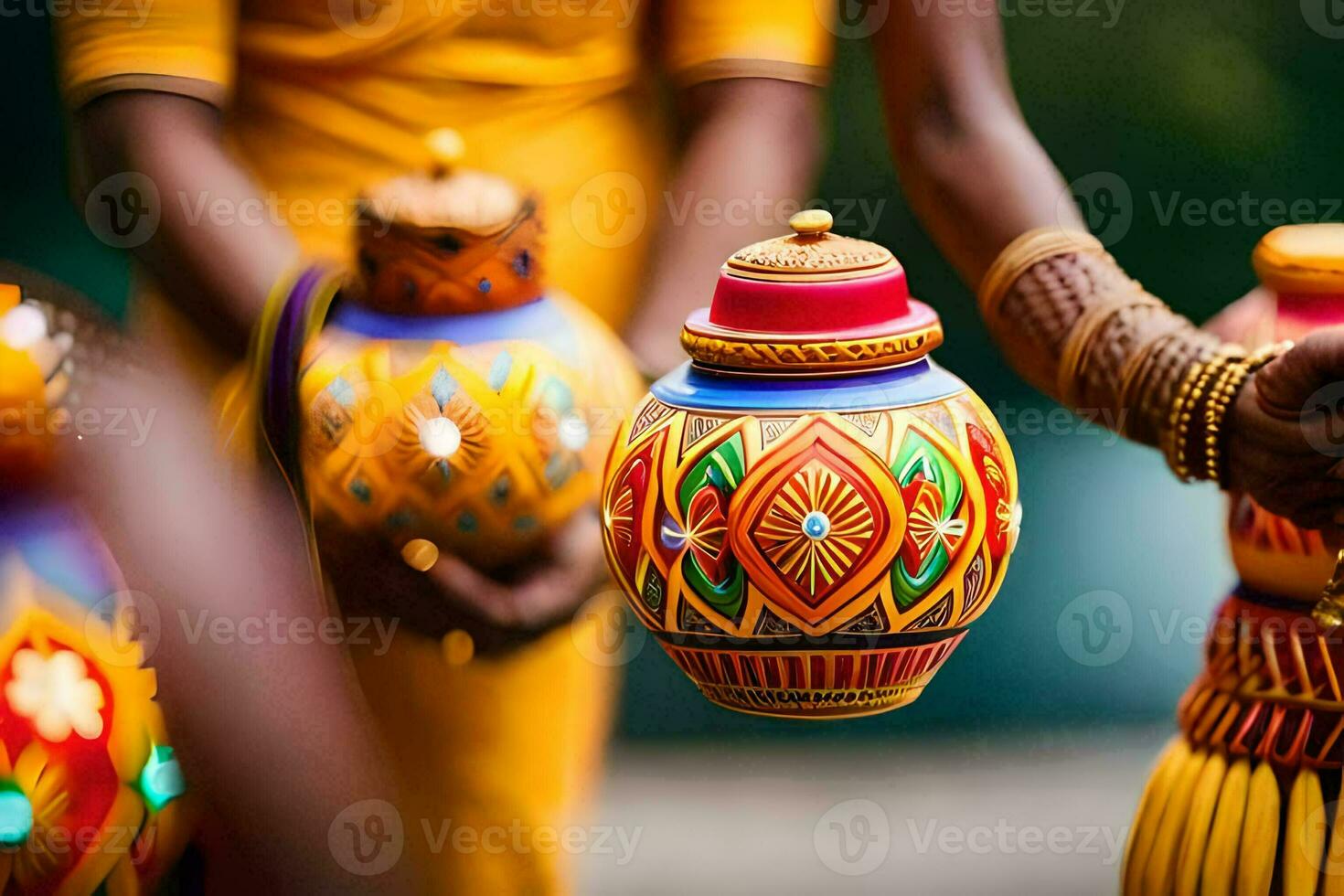 women in indian dress holding colorful pots. AI-Generated photo