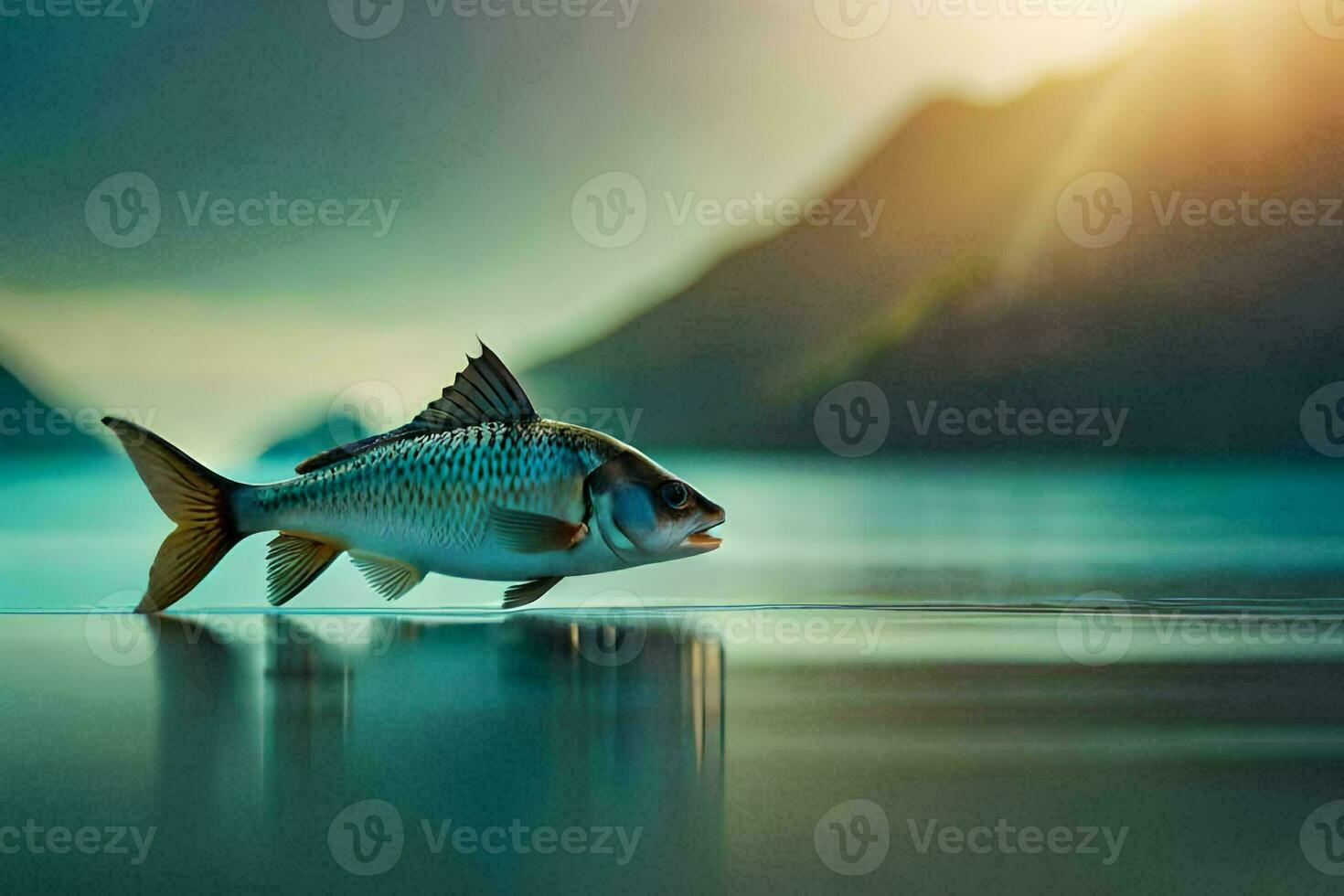 pescado en el agua a puesta de sol. generado por ai foto