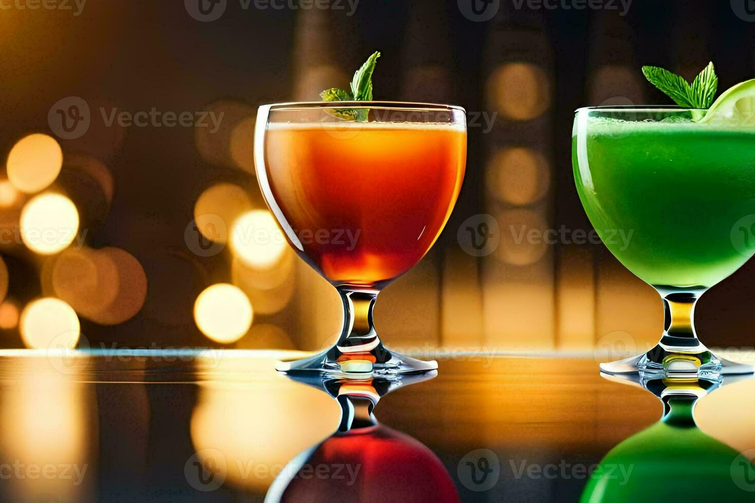 two glasses of different colored drinks on a bar. AI-Generated photo