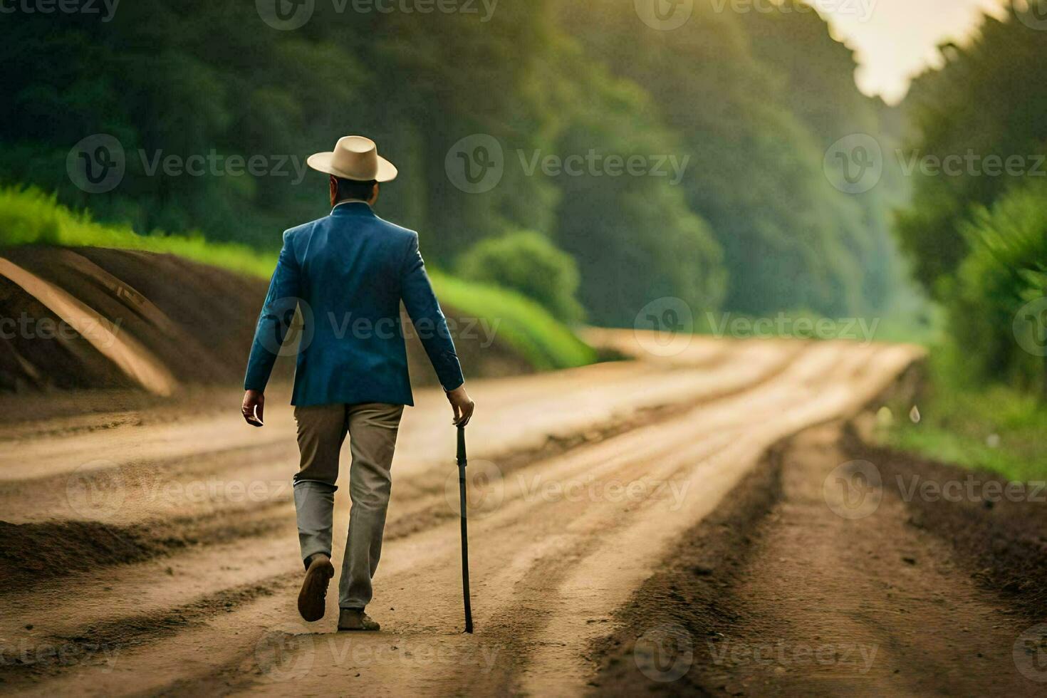 un hombre en un traje y sombrero caminando abajo un suciedad la carretera. generado por ai foto