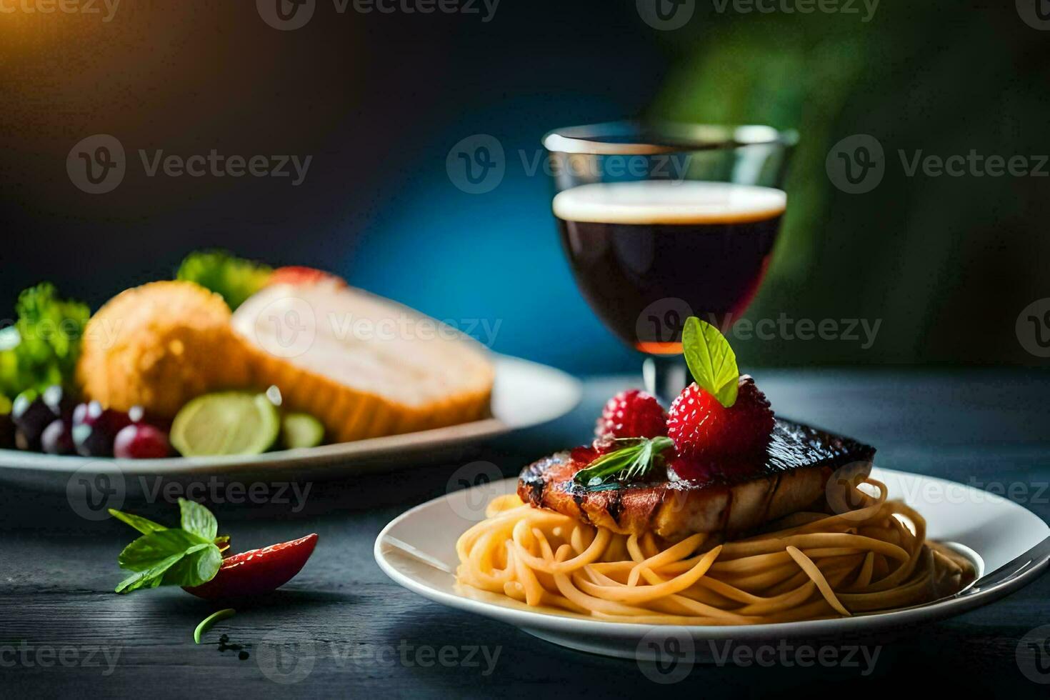a plate of spaghetti with meat and berries on a table. AI-Generated photo