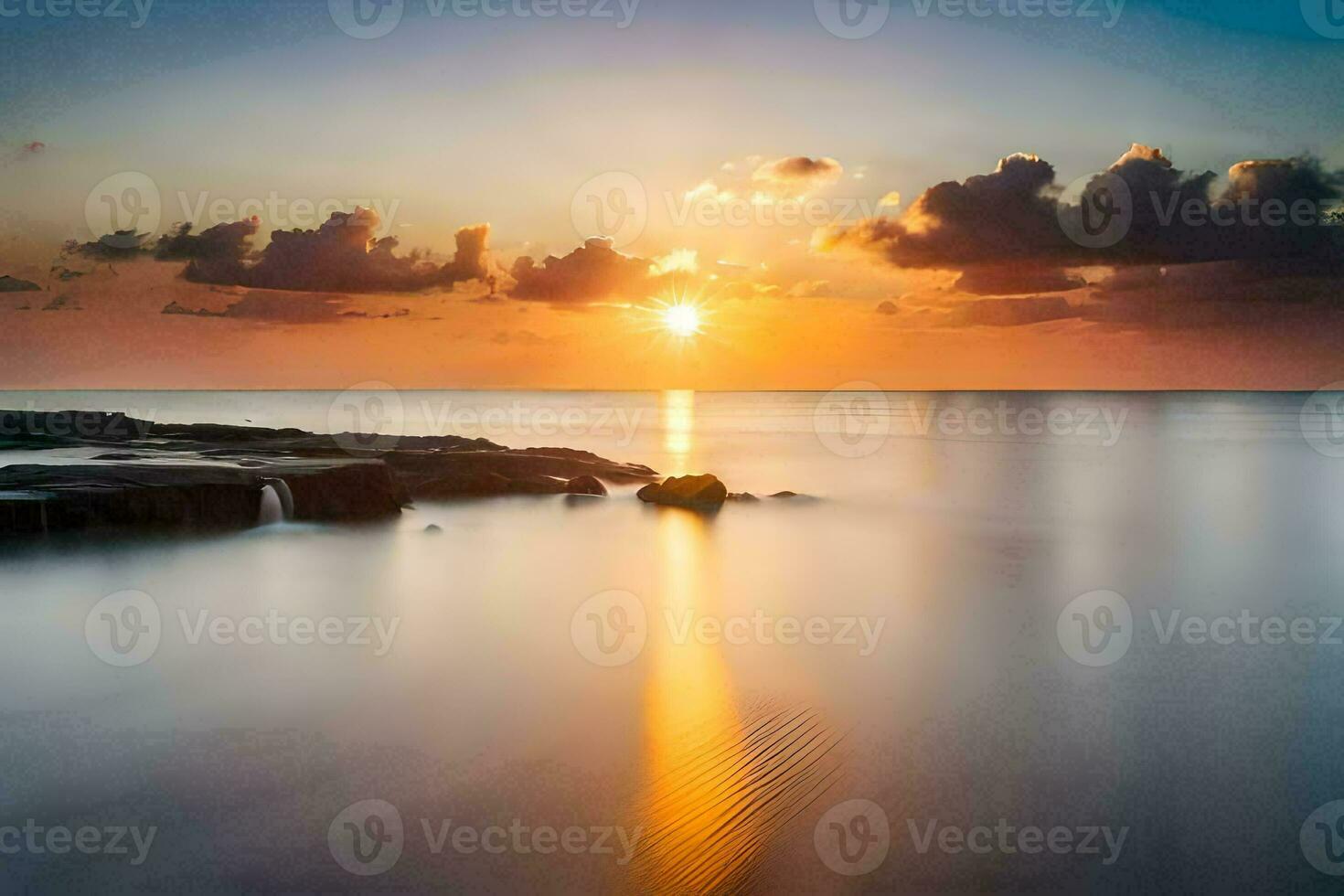 the sun rises over the ocean in this long exposure photograph. AI-Generated photo