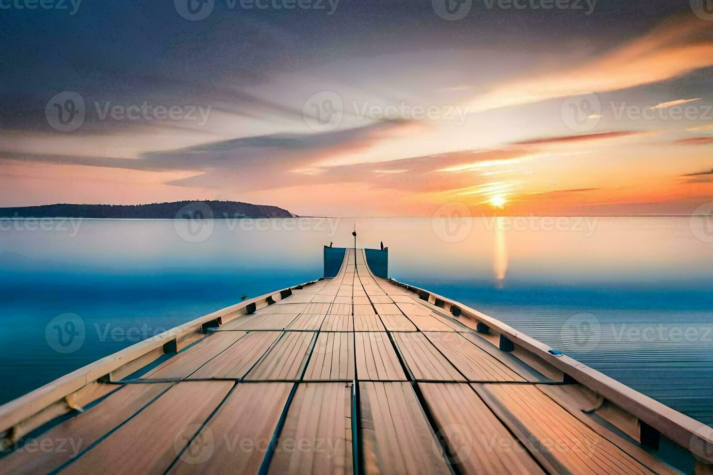 a wooden dock extends into the ocean at sunset. AI-Generated photo