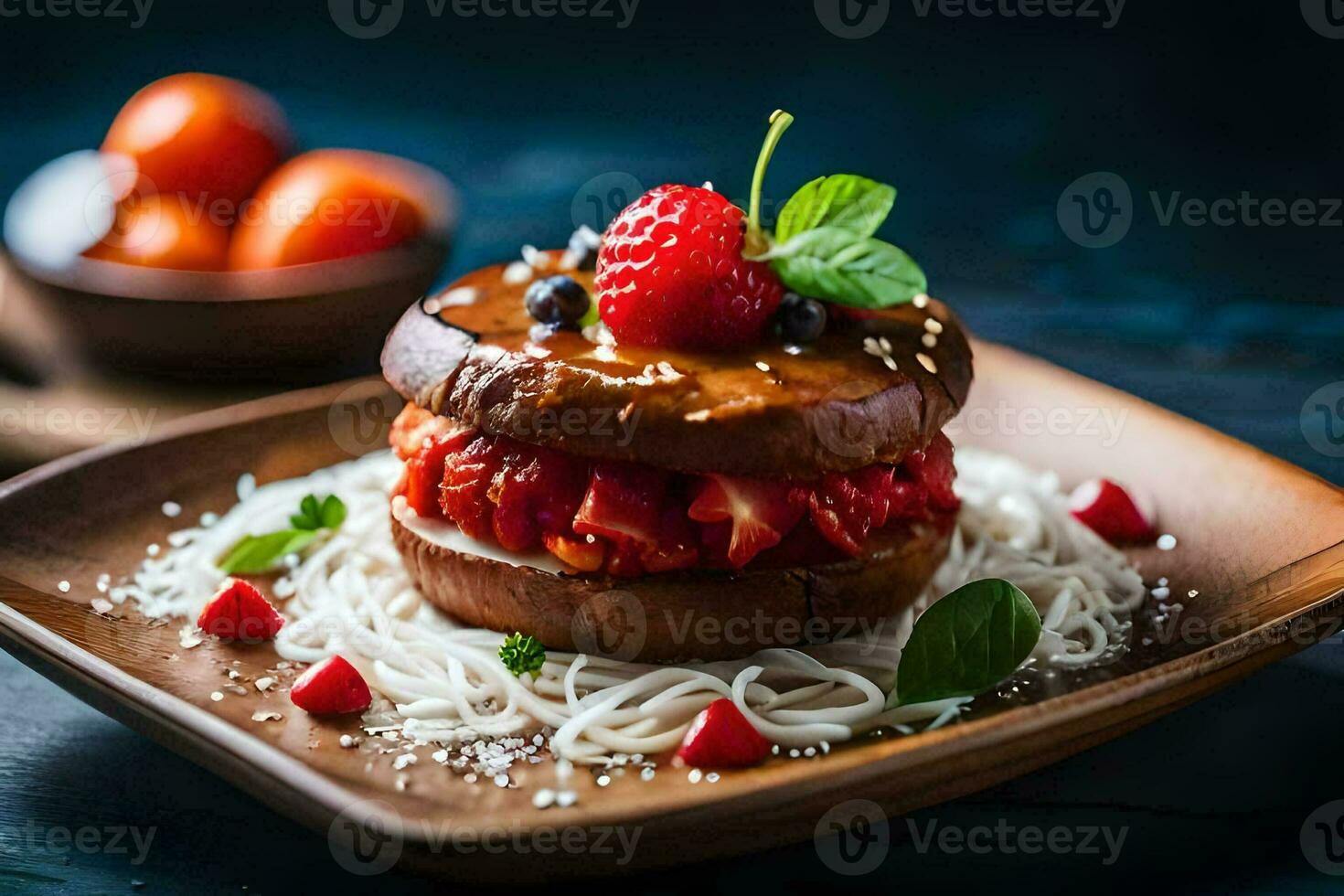 a plate with a sandwich and strawberries. AI-Generated photo