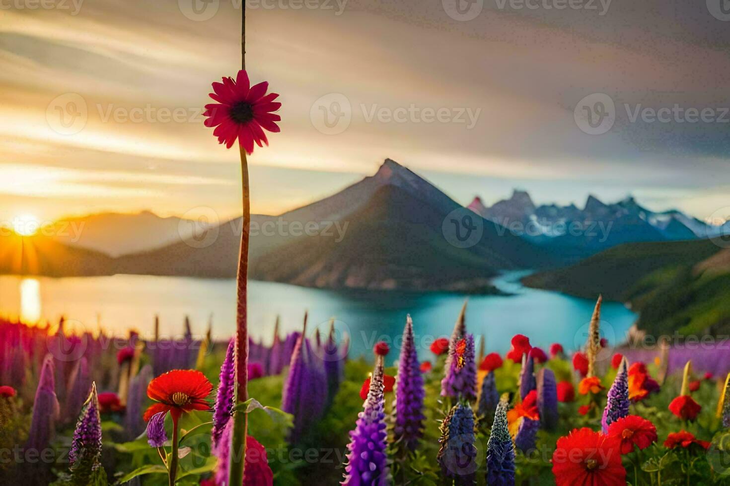 el flores son en floración en frente de un lago y montañas. generado por ai foto