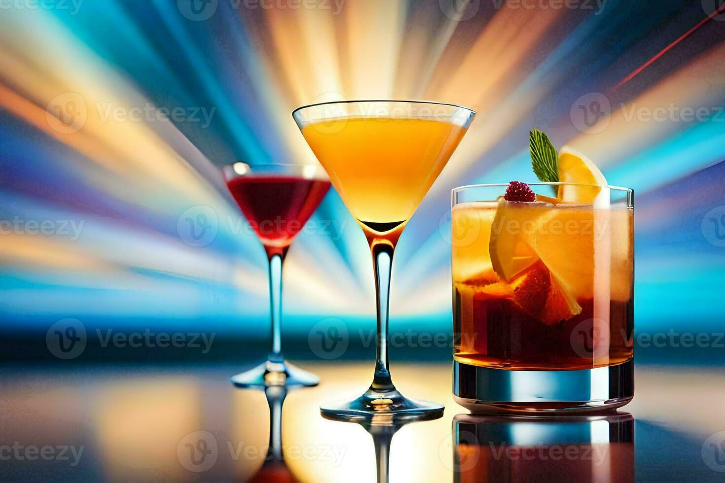 three different cocktails on a table with a bright light. AI-Generated photo