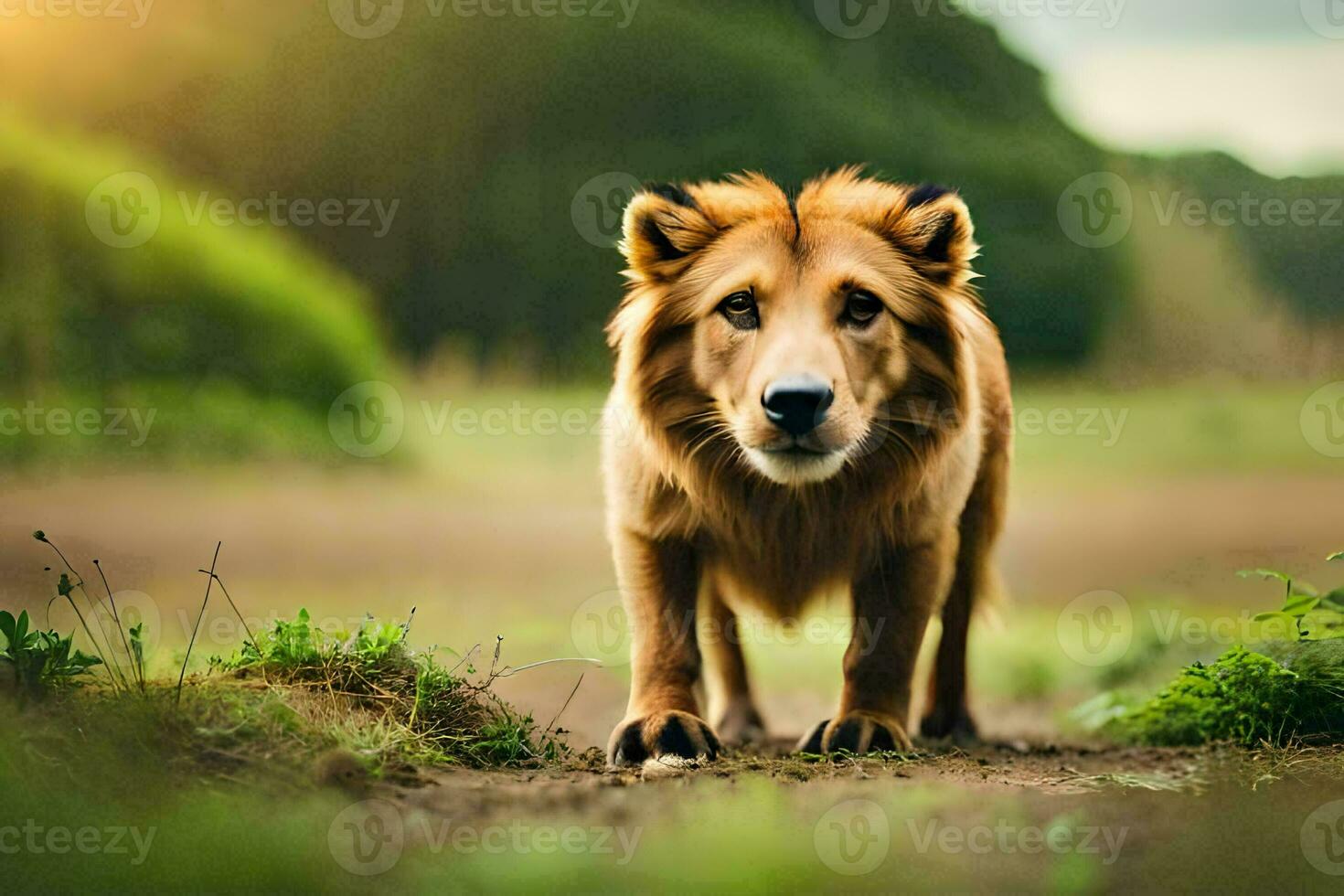 un león es caminando en el campo. generado por ai foto