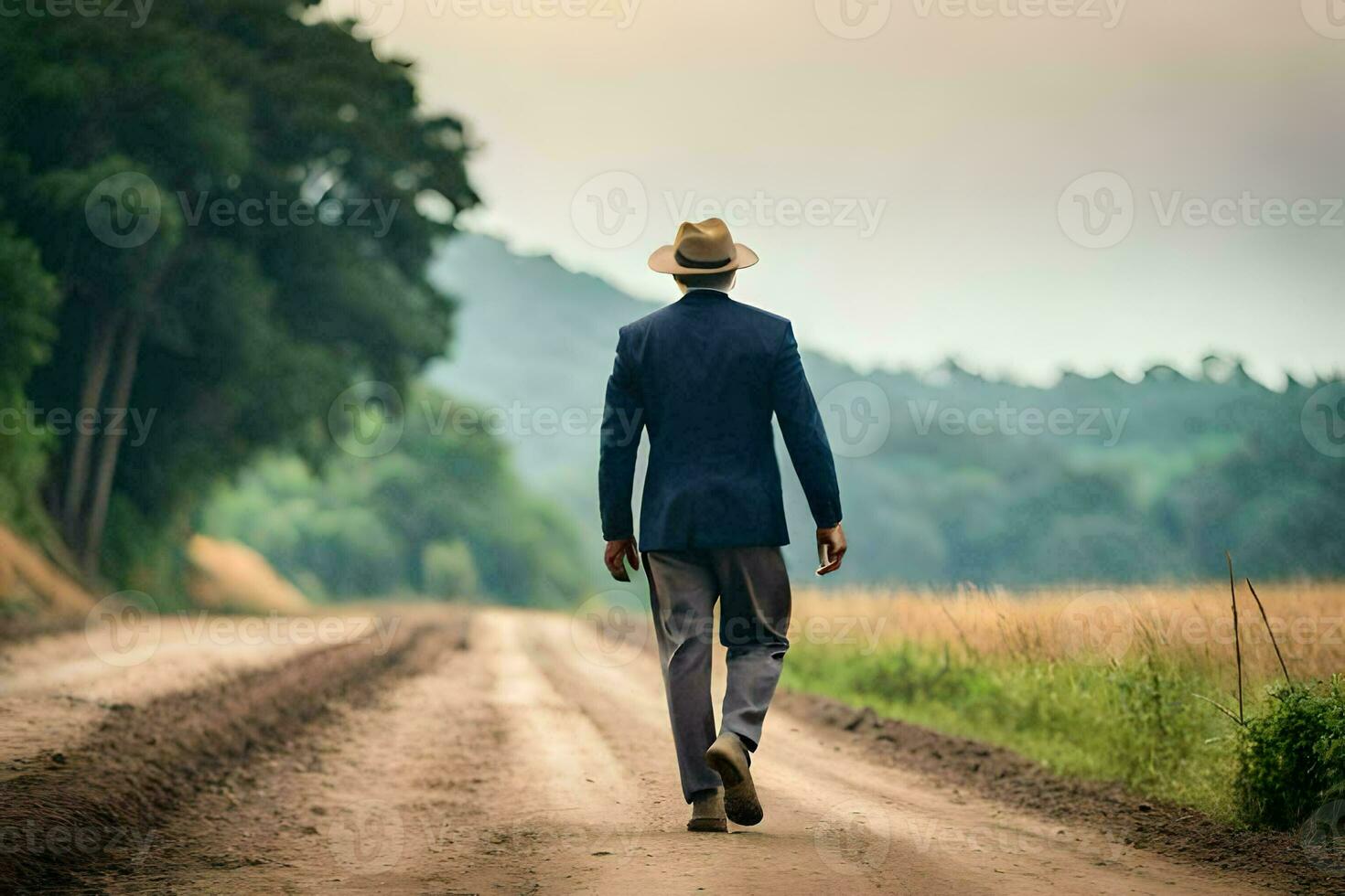 un hombre en un traje y sombrero caminando abajo un suciedad la carretera. generado por ai foto