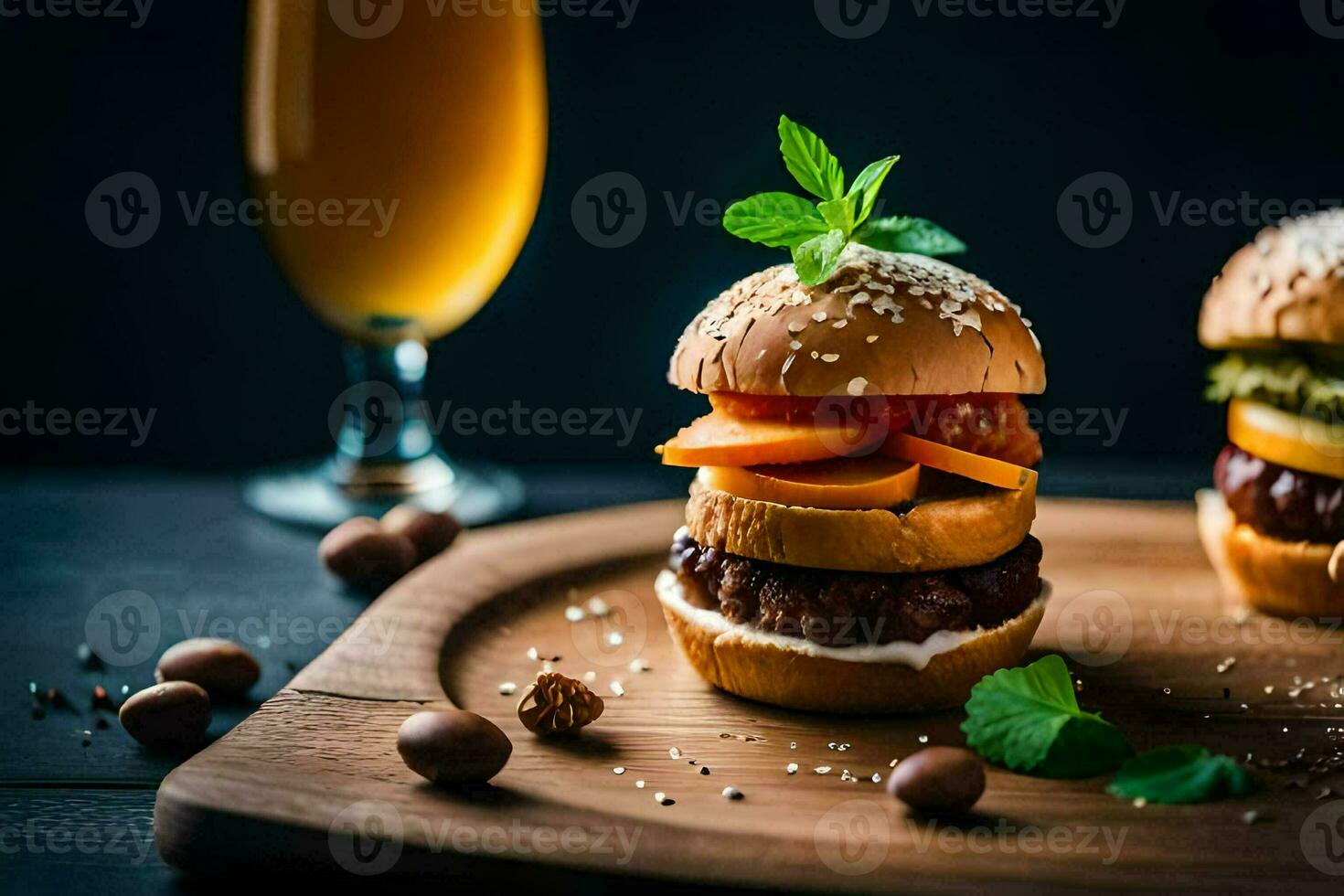 two hamburgers on a wooden board with a glass of beer. AI-Generated photo