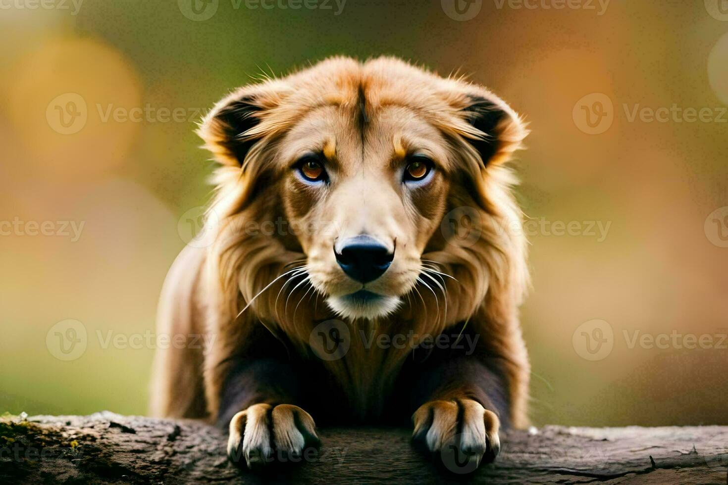 a lion is sitting on a log. AI-Generated photo