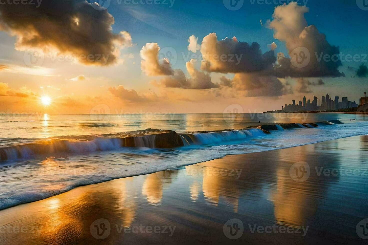 el Dom conjuntos terminado el Oceano y ciudad horizonte. generado por ai foto