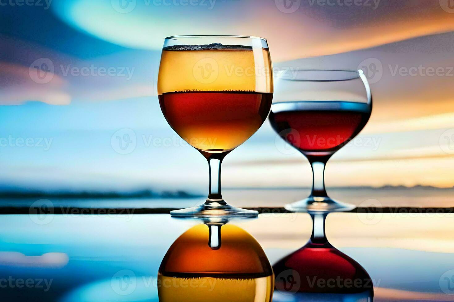 two glasses of wine are reflected in the water. AI-Generated photo