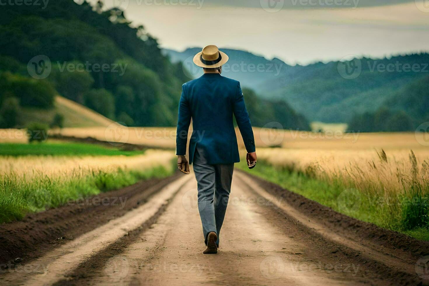 a man in a suit and hat walks down a dirt road. AI-Generated photo