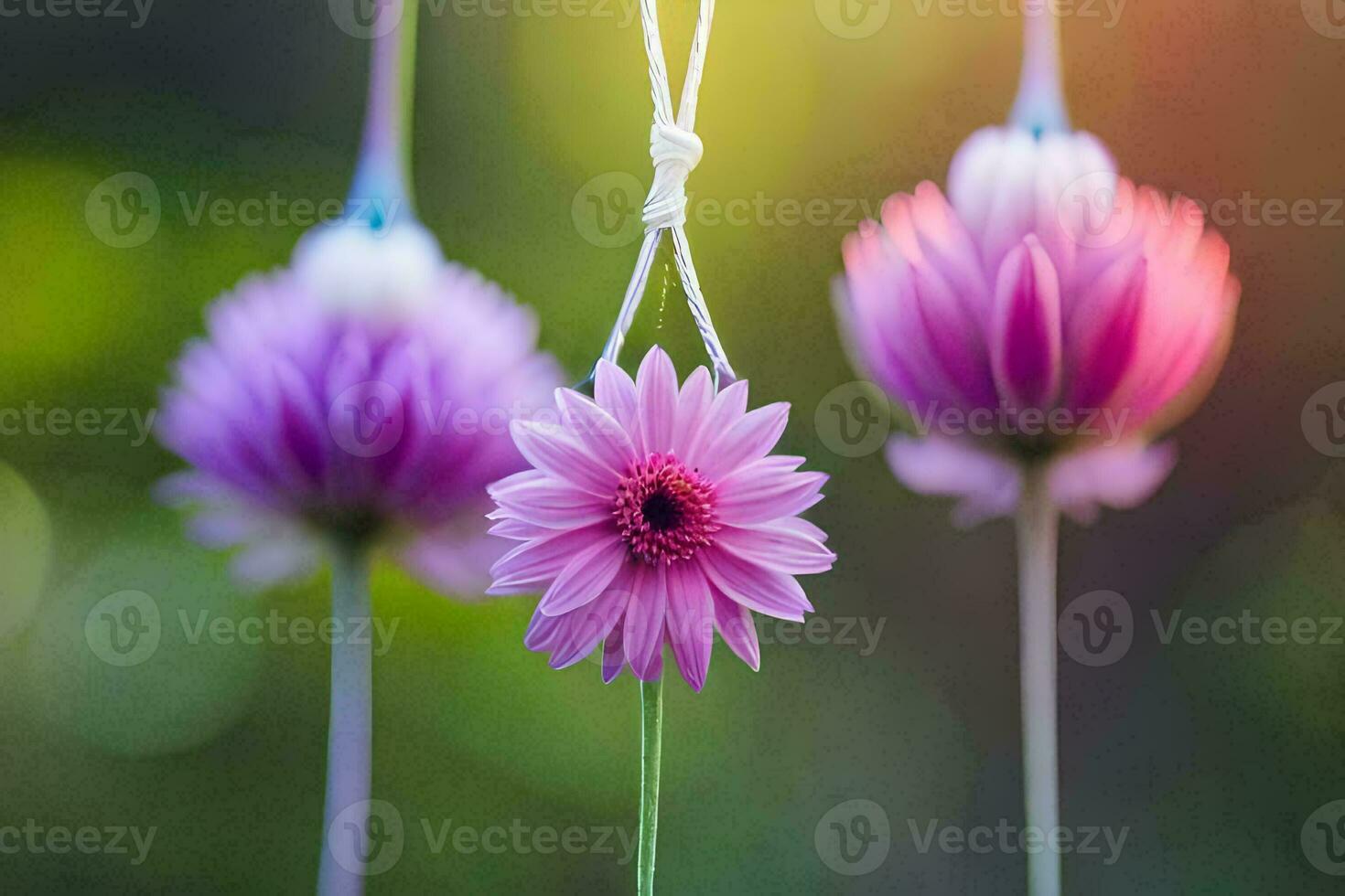 three purple flowers hanging from a string. AI-Generated photo