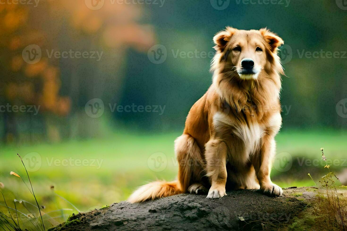 a golden retriever sitting on top of a rock in the grass. AI-Generated photo