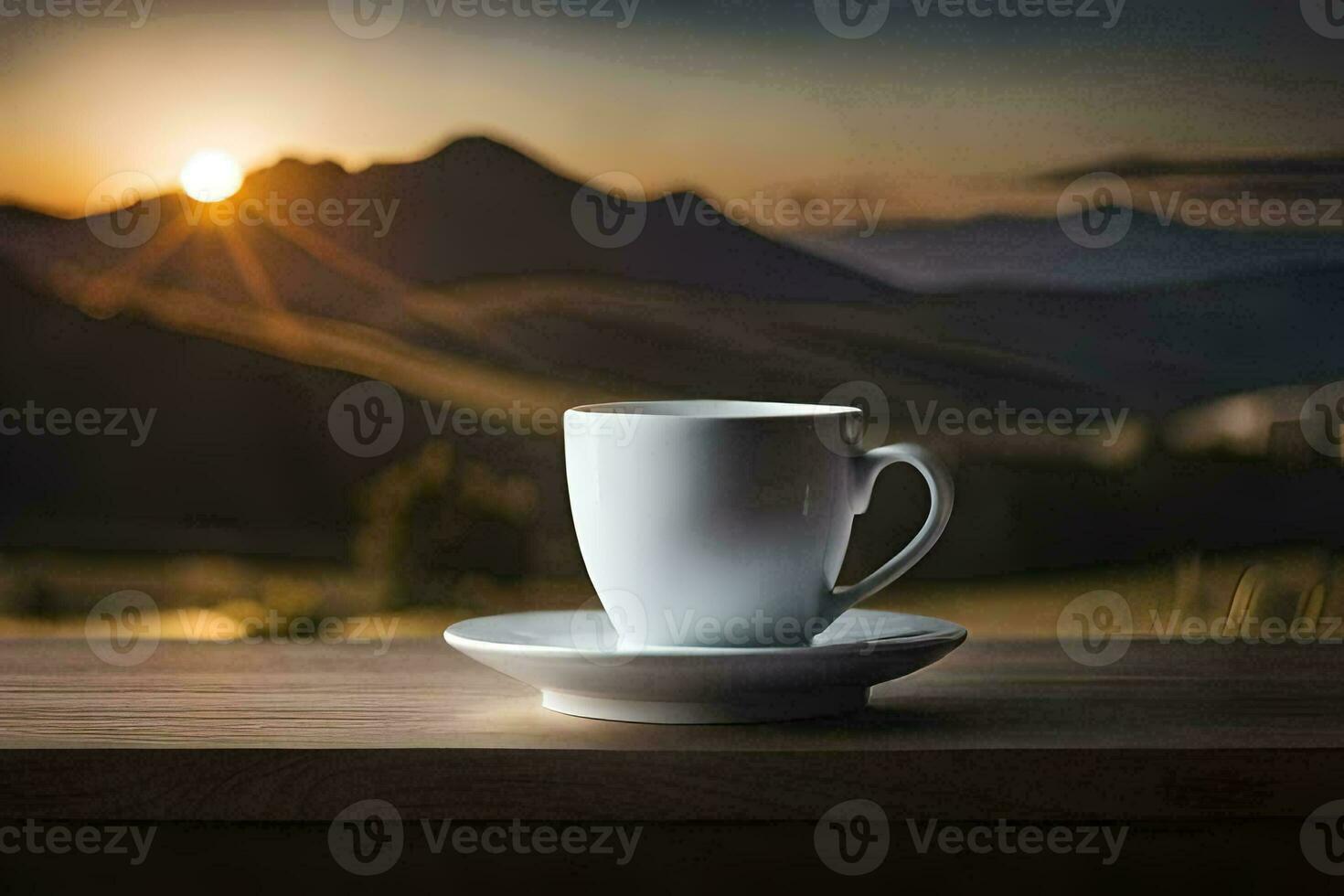 un taza de café en un mesa en frente de un montaña. generado por ai foto