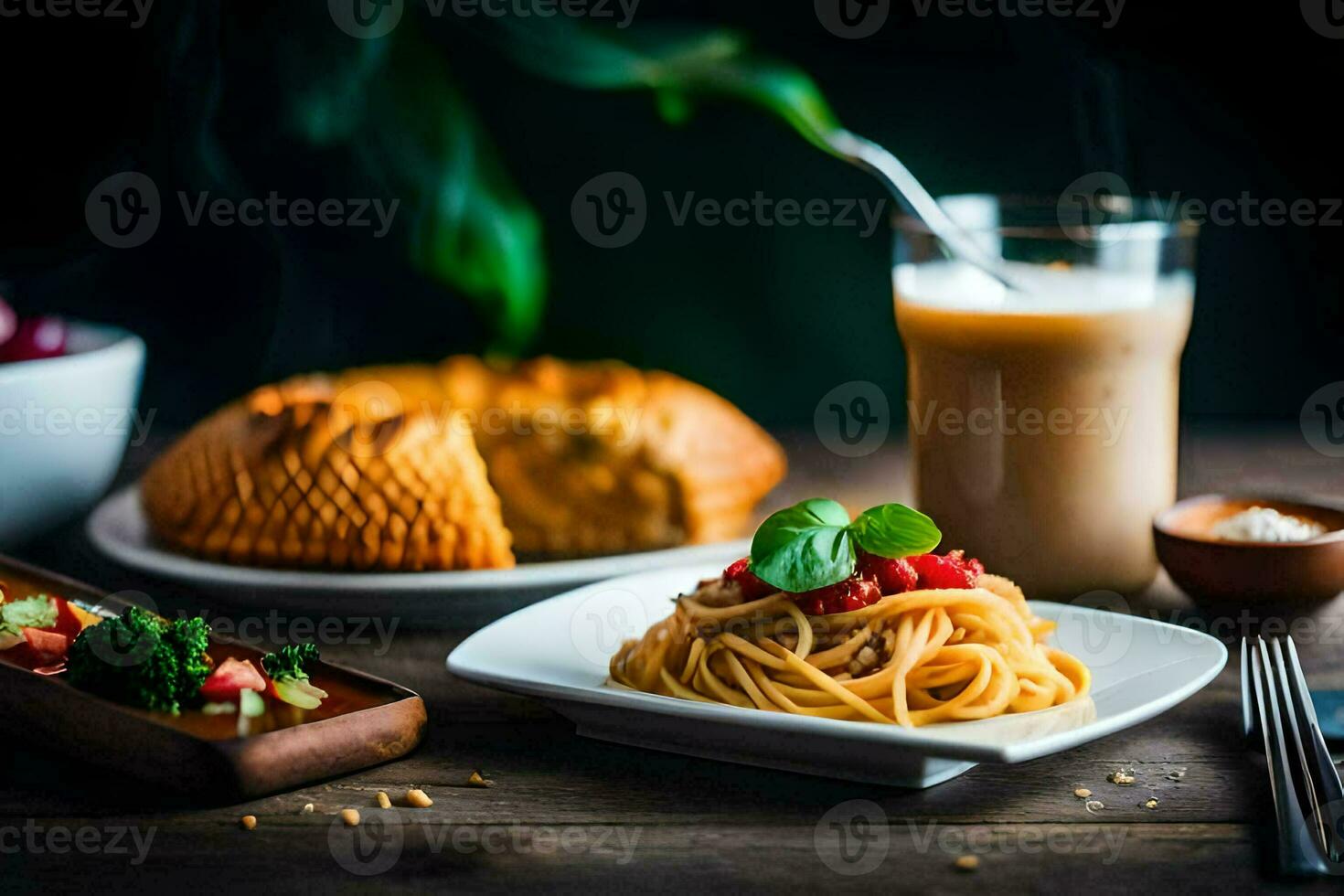spaghetti and bread on a wooden table. AI-Generated photo