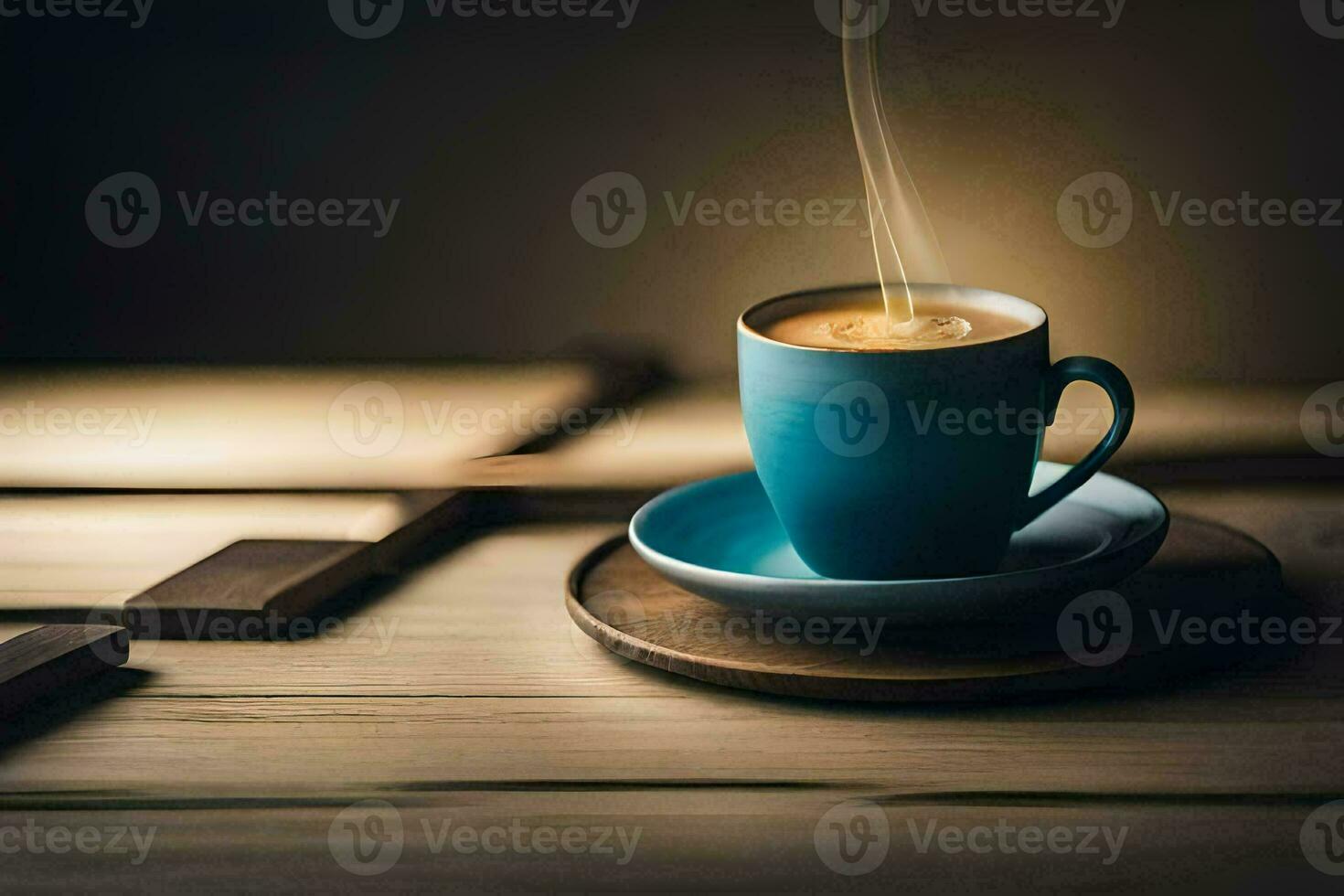 a cup of coffee on a wooden table. AI-Generated photo