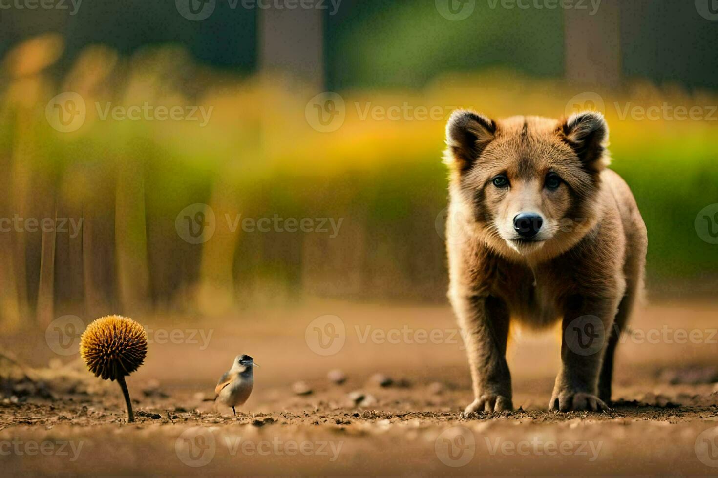 a brown bear standing next to a bird. AI-Generated photo