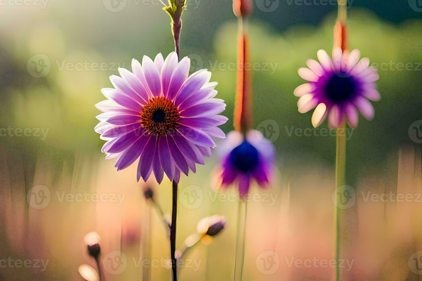 purple flowers in a field with a blurry background. AI-Generated photo