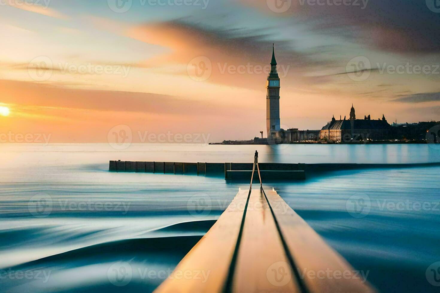 a long exposure photograph of a pier with a clock tower in the background. AI-Generated photo