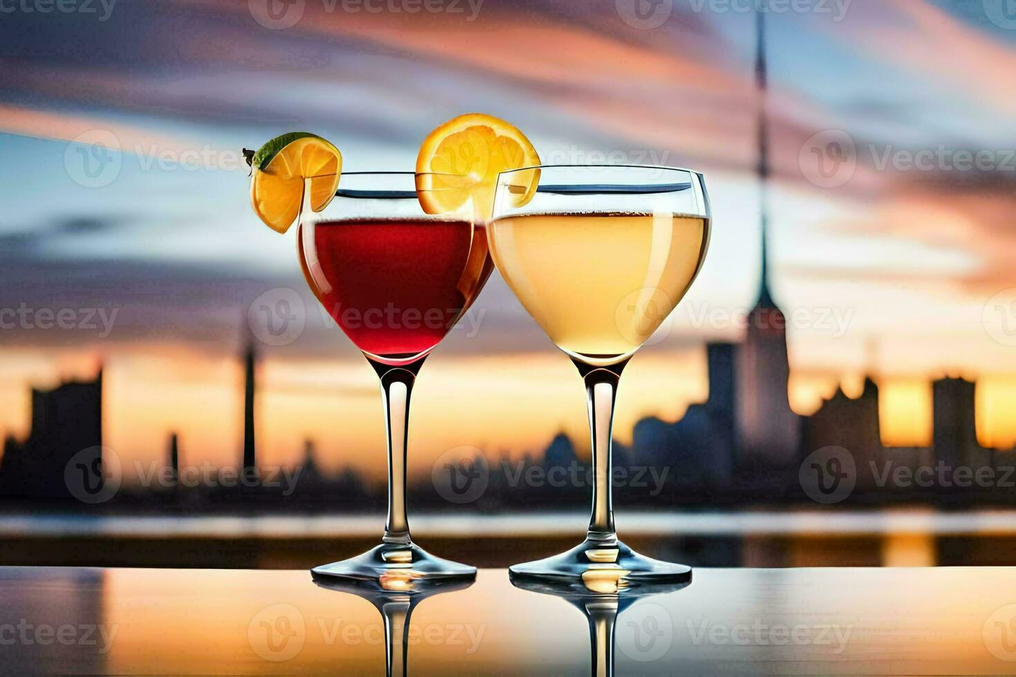 two glasses of wine with a view of the city. AI-Generated photo