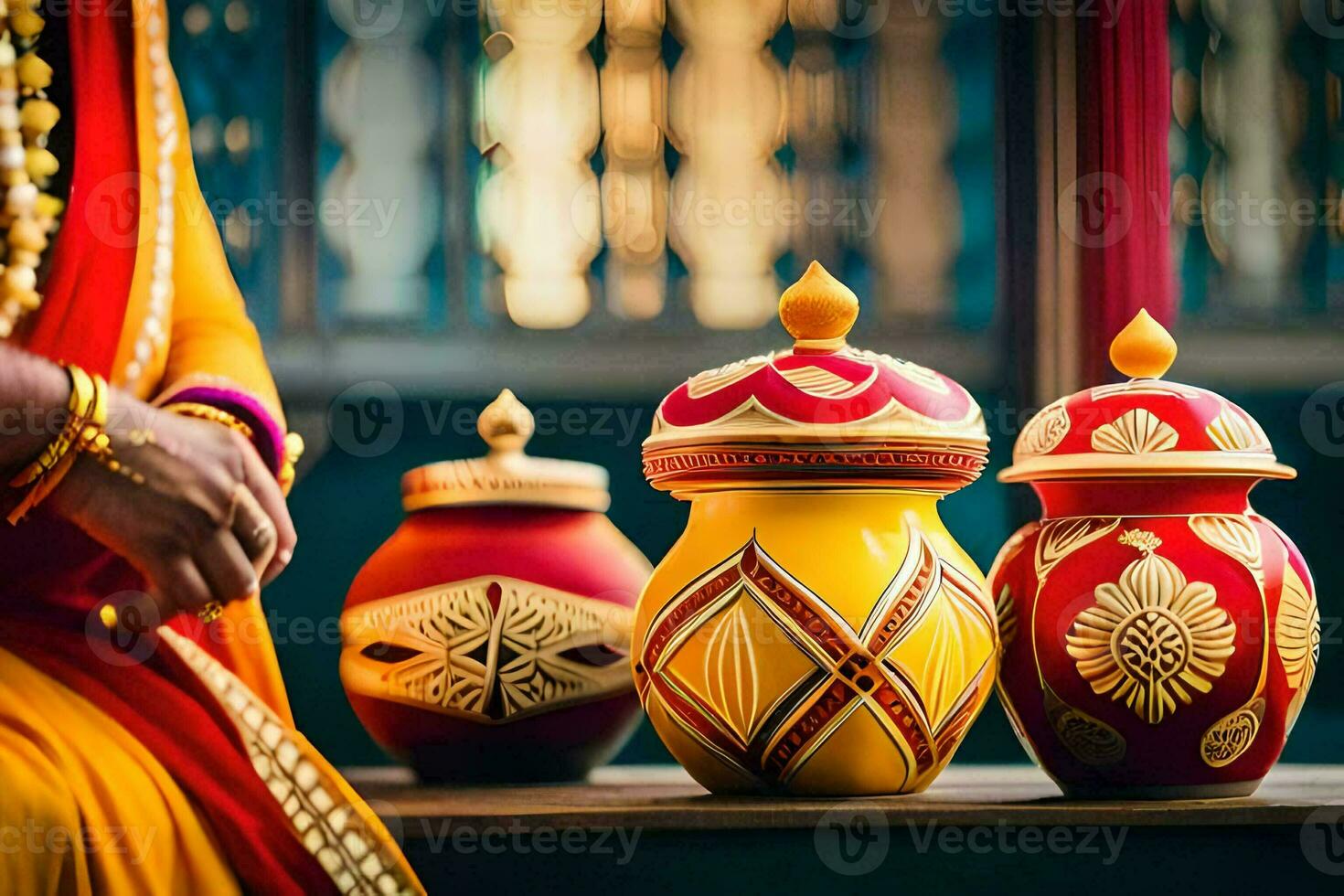 a woman in a sari is holding a pot with colorful designs. AI-Generated photo