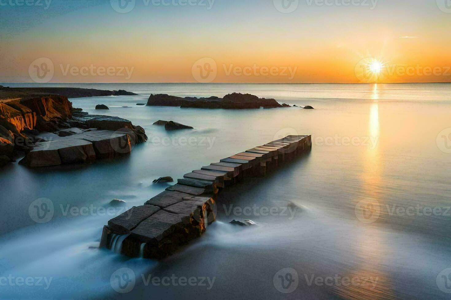 a long exposure photograph of a sunset over the ocean. AI-Generated photo