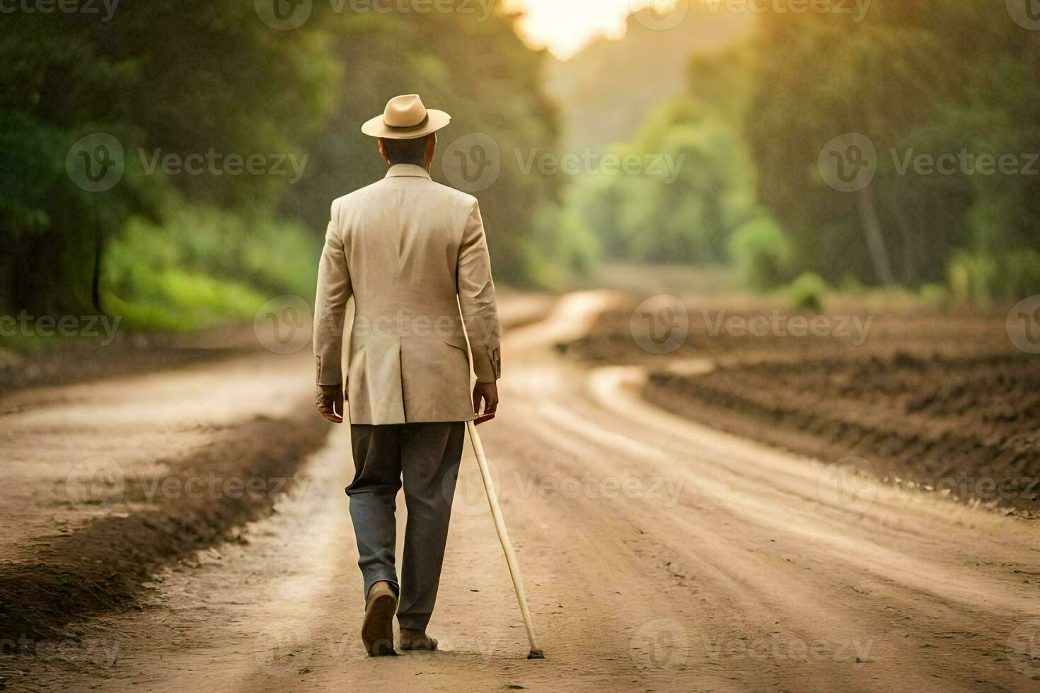 un hombre en un traje camina abajo un suciedad la carretera. generado por ai foto