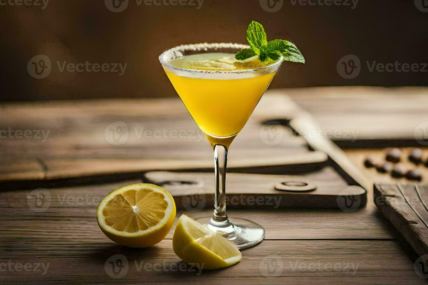 a cocktail with lemon and mint on a wooden table. AI-Generated photo