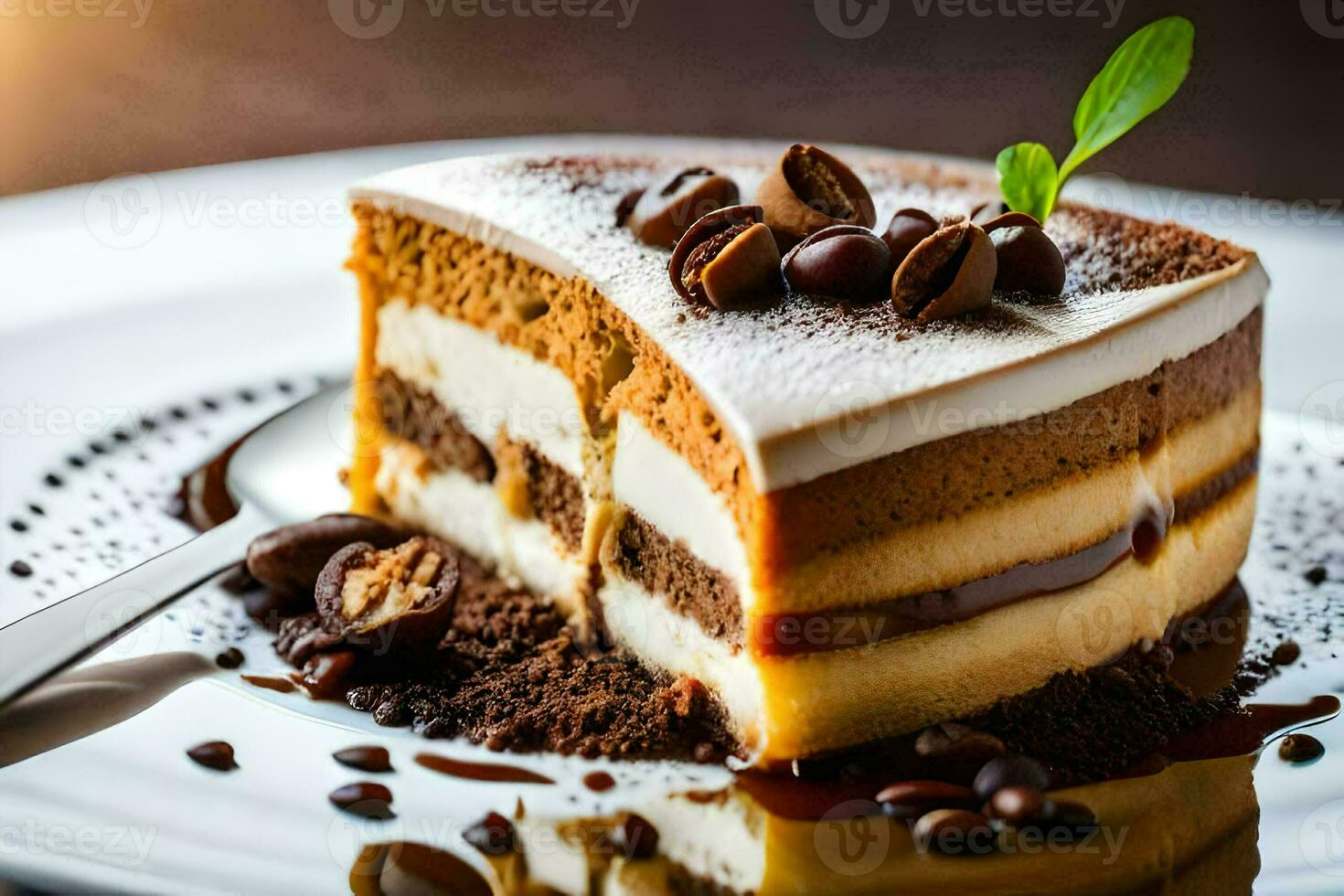 a slice of cake with coffee beans and chocolate. AI-Generated photo