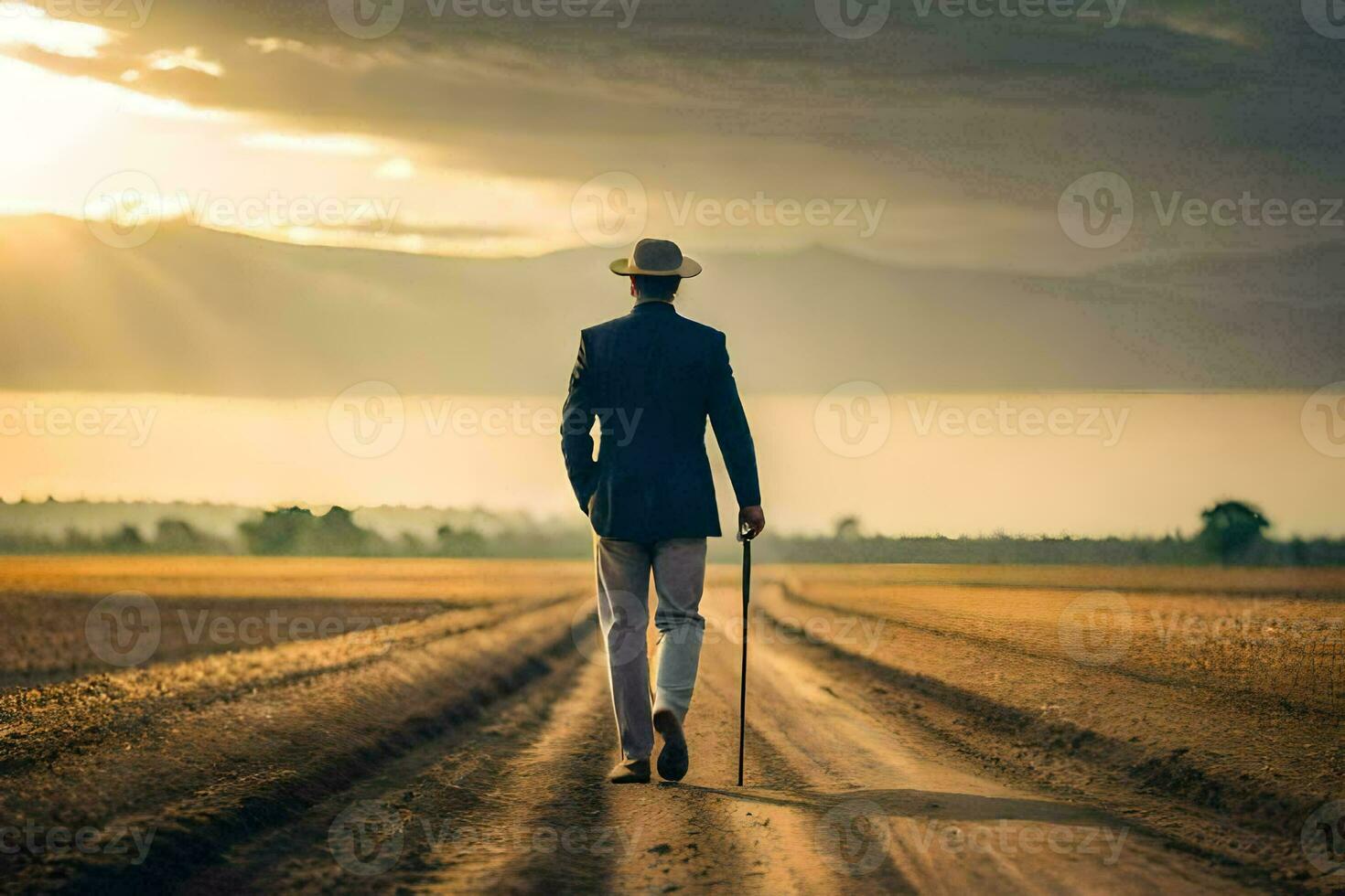 un hombre en un sombrero y traje caminando abajo un suciedad la carretera. generado por ai foto