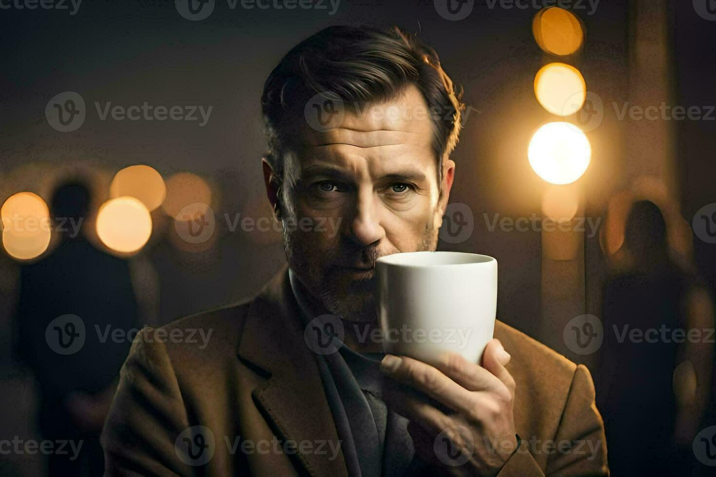 a man is holding a coffee cup in his hand. AI-Generated photo