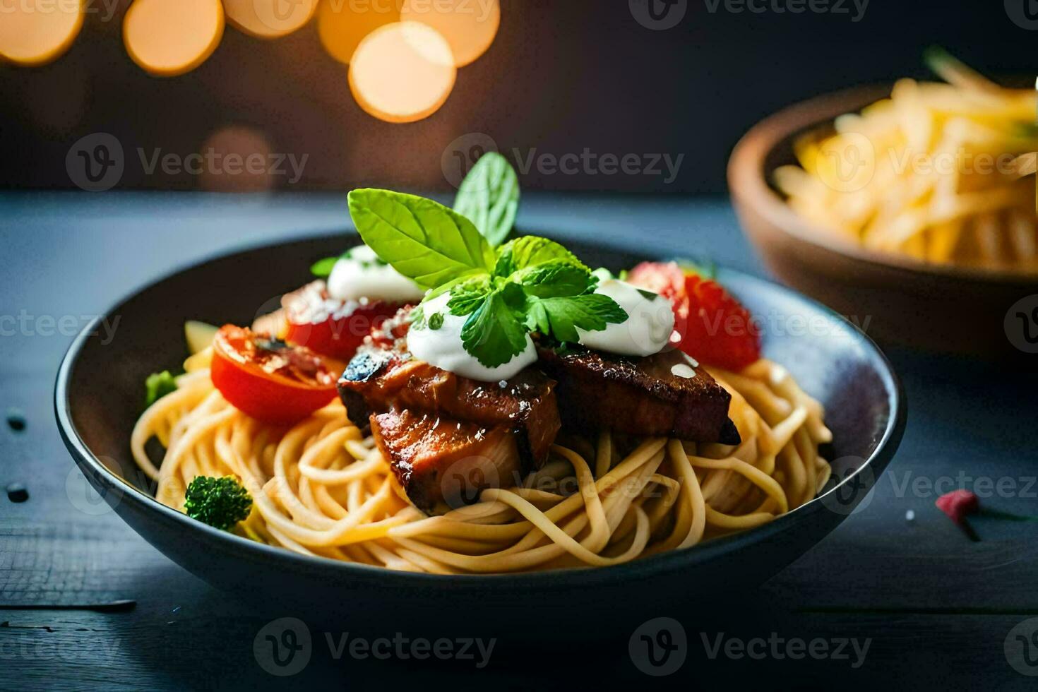 spaghetti with meat and vegetables in a bowl. AI-Generated photo