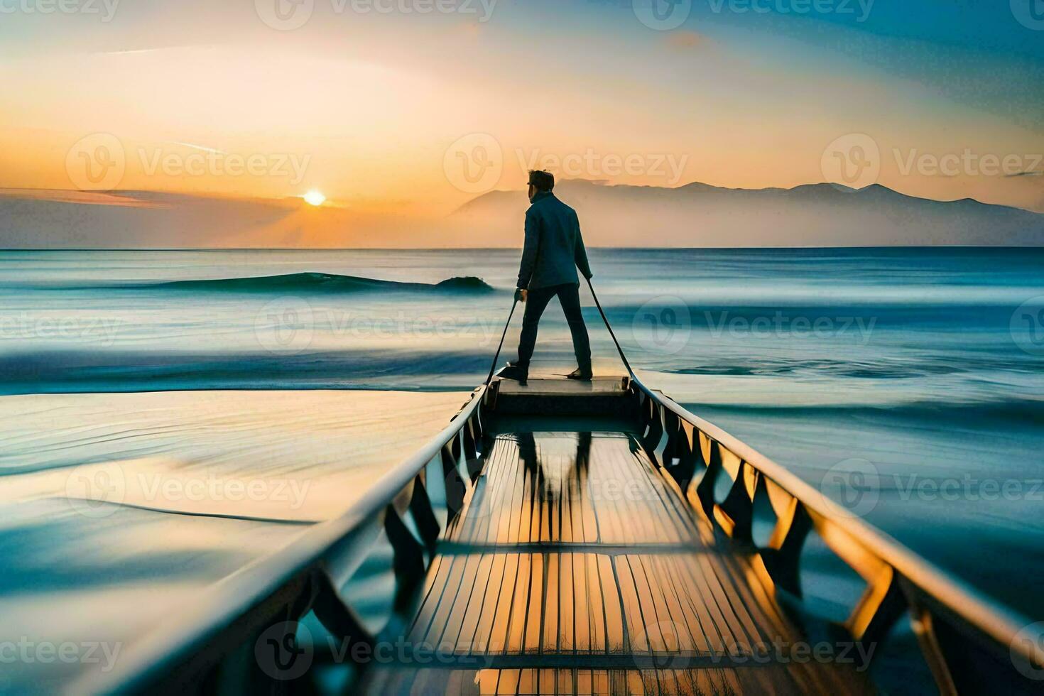 a man standing on a wooden dock at the ocean. AI-Generated photo