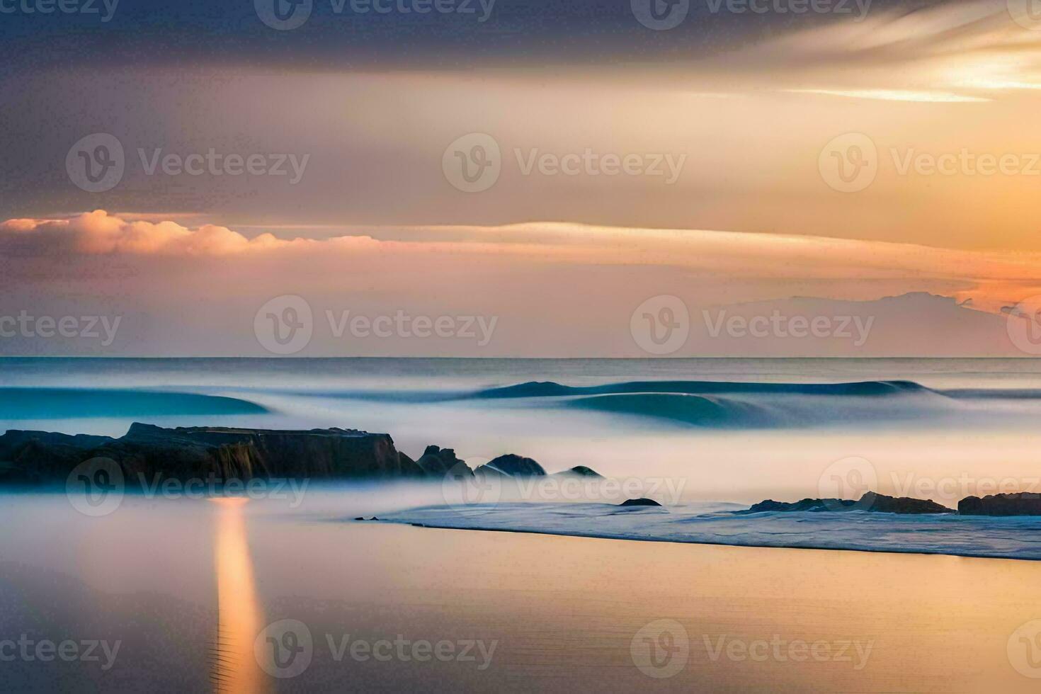 a sunset over the ocean with waves and rocks. AI-Generated photo