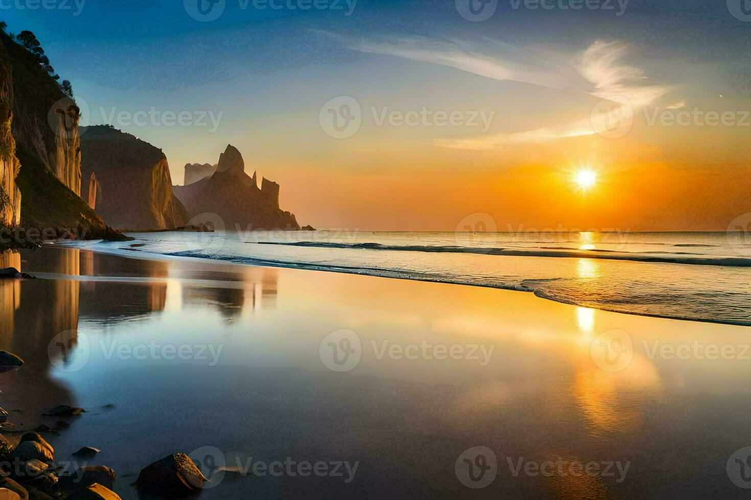the sun sets over a beach and cliffs. AI-Generated photo