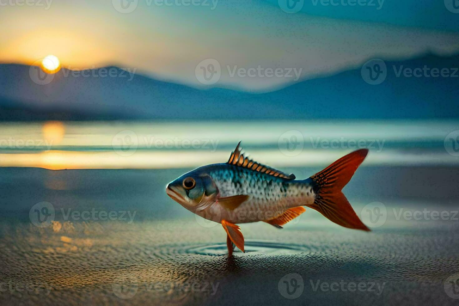 a fish is standing on the beach at sunset. AI-Generated photo