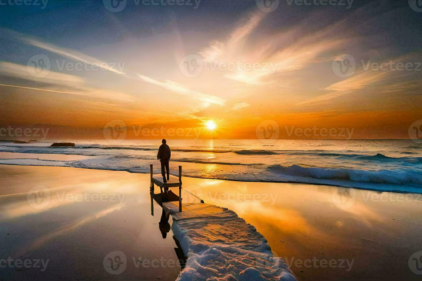 a man stands on a pier at sunset. AI-Generated photo