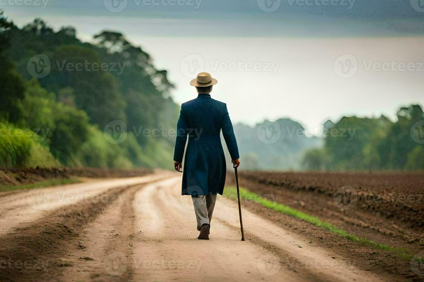 a man in a blue suit and hat walking down a dirt road. AI-Generated photo