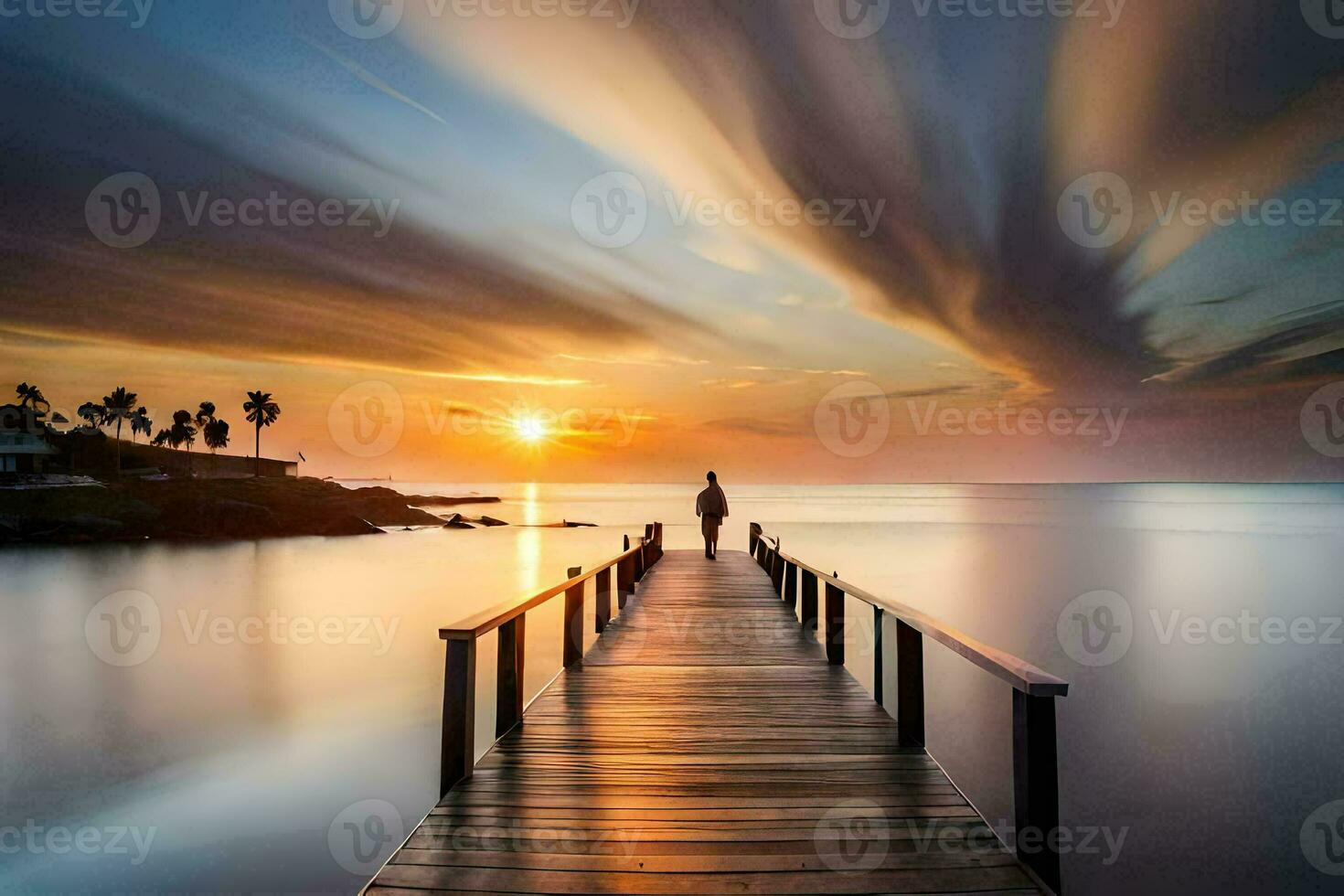 a man stands on a pier at sunset. AI-Generated photo