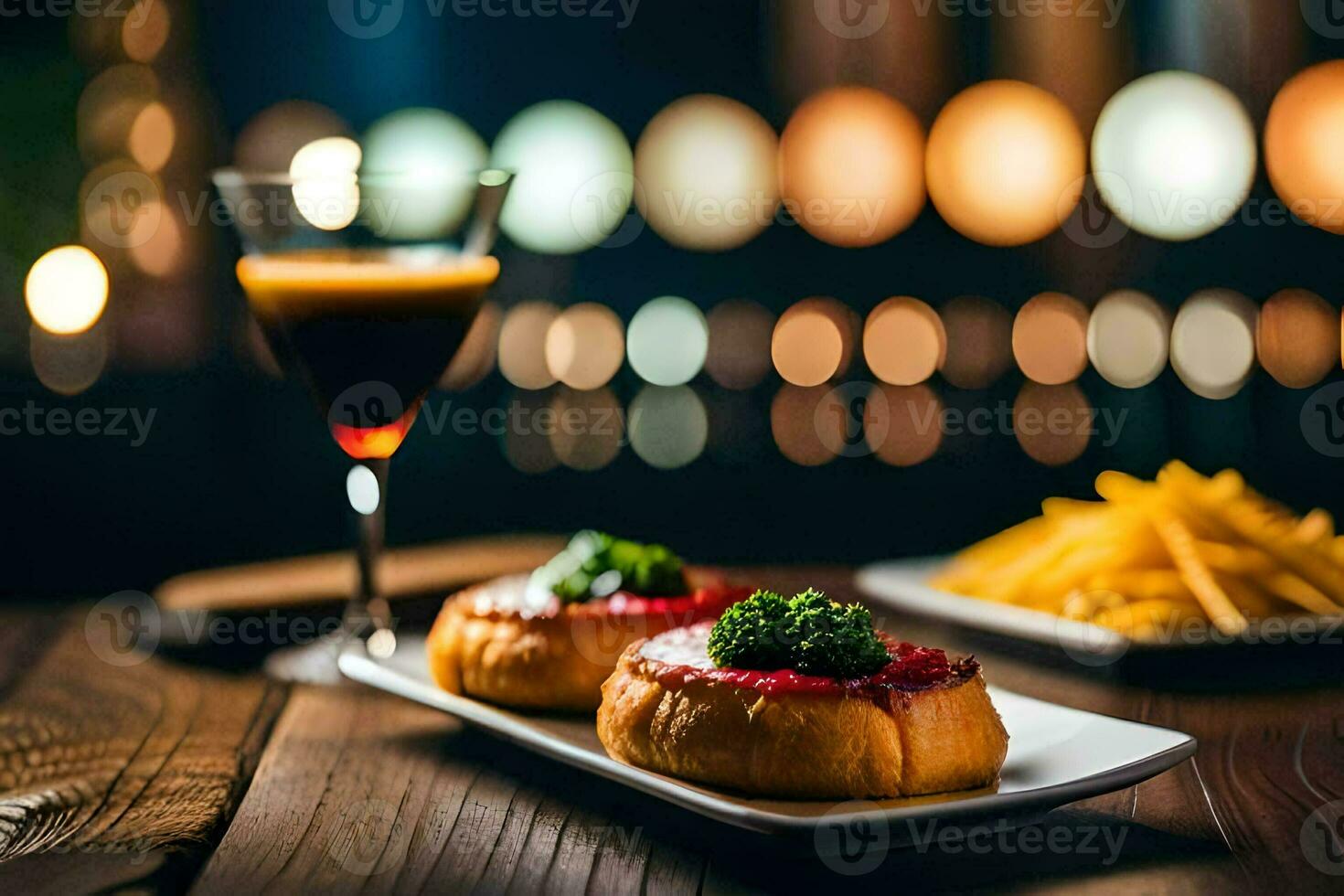 a plate with a sandwich and fries on a wooden table. AI-Generated photo