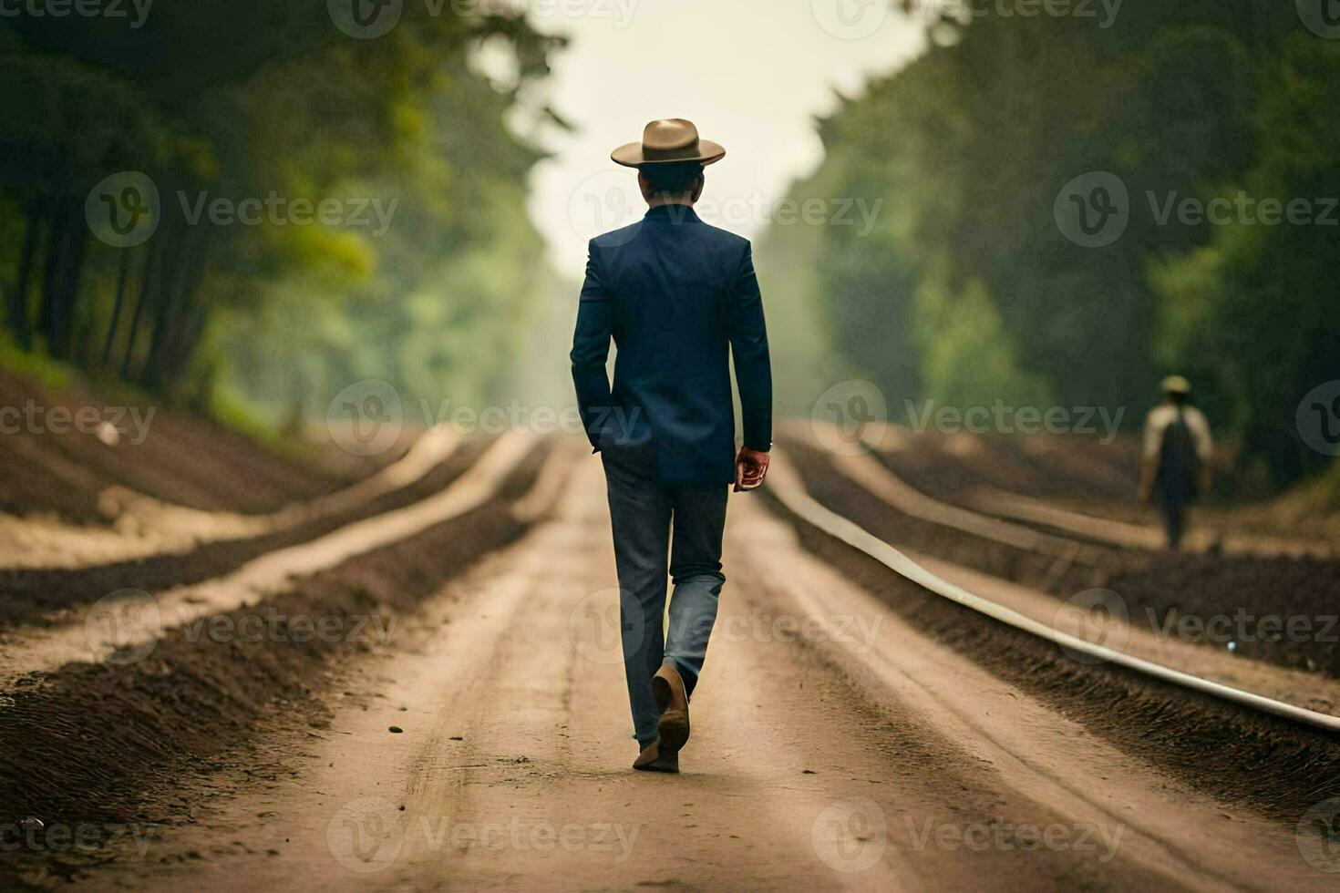 a man in a suit and hat walking down a dirt road. AI-Generated photo