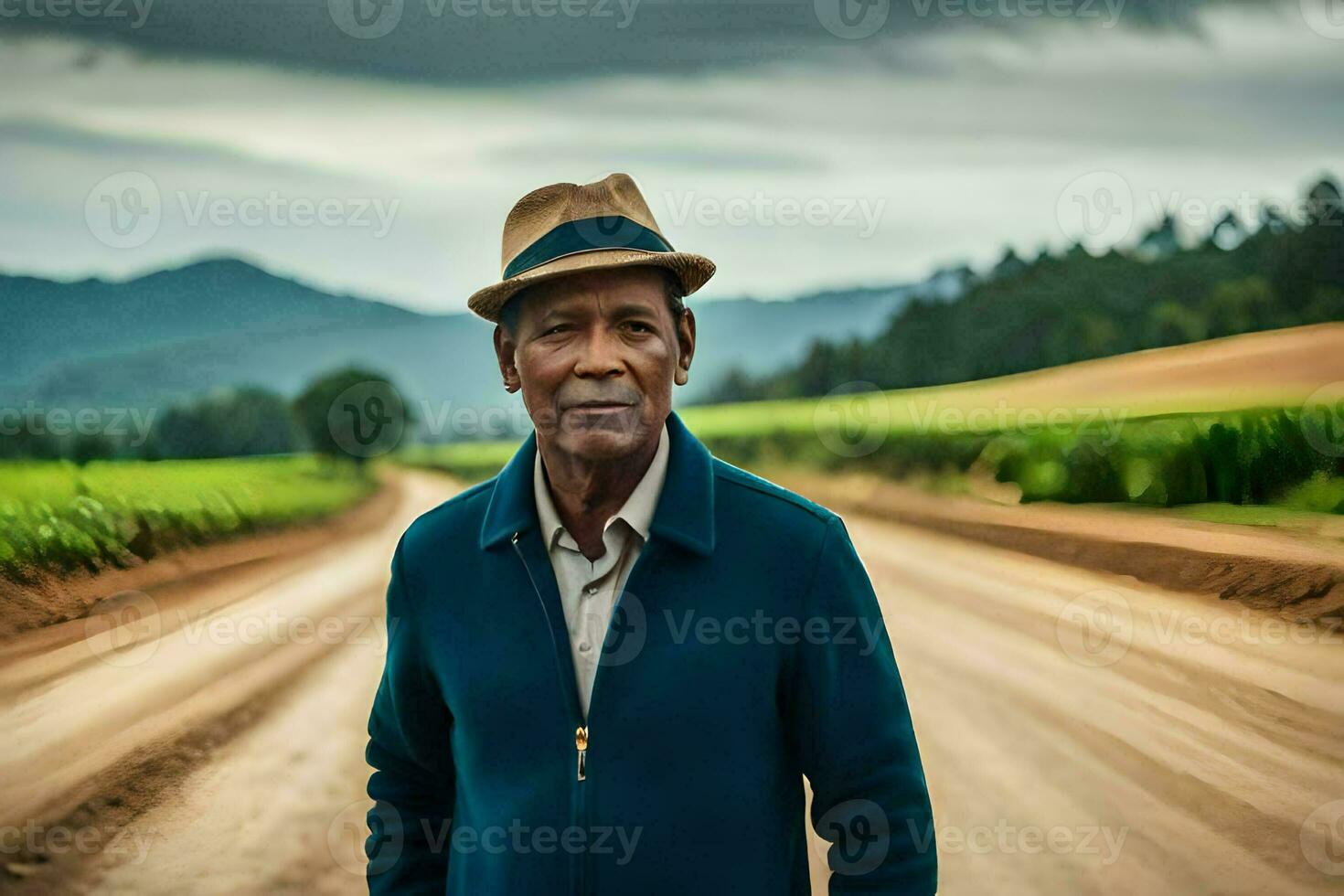 an older man standing on a dirt road. AI-Generated photo