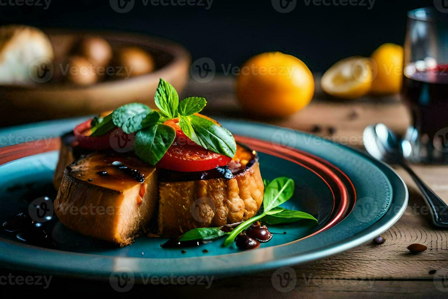 a plate with a piece of meat and tomatoes. AI-Generated photo