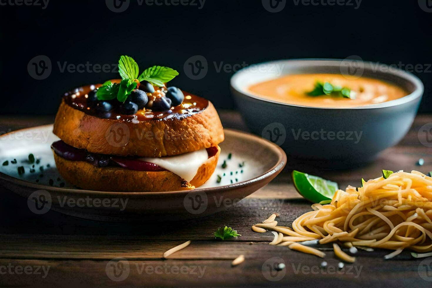 a sandwich with cheese and sauce on a plate. AI-Generated photo