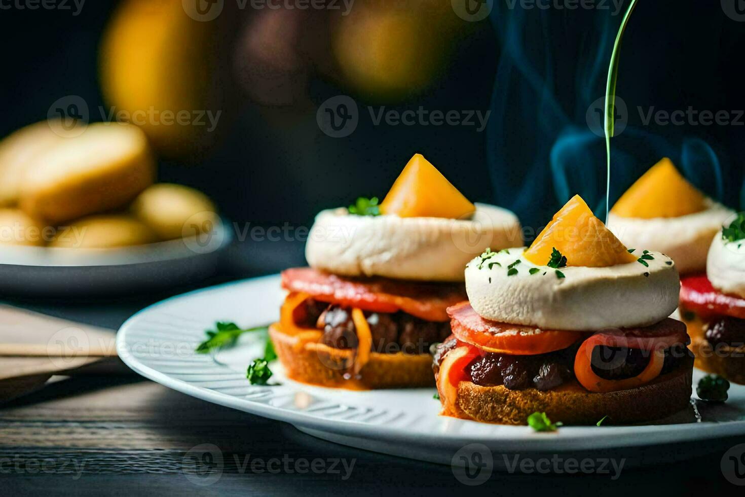 three small sandwiches with cheese and meat on a plate. AI-Generated photo