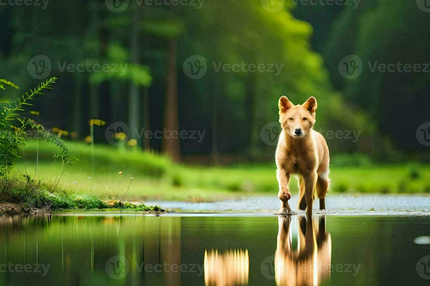 a dog walking across a pond in the forest. AI-Generated photo