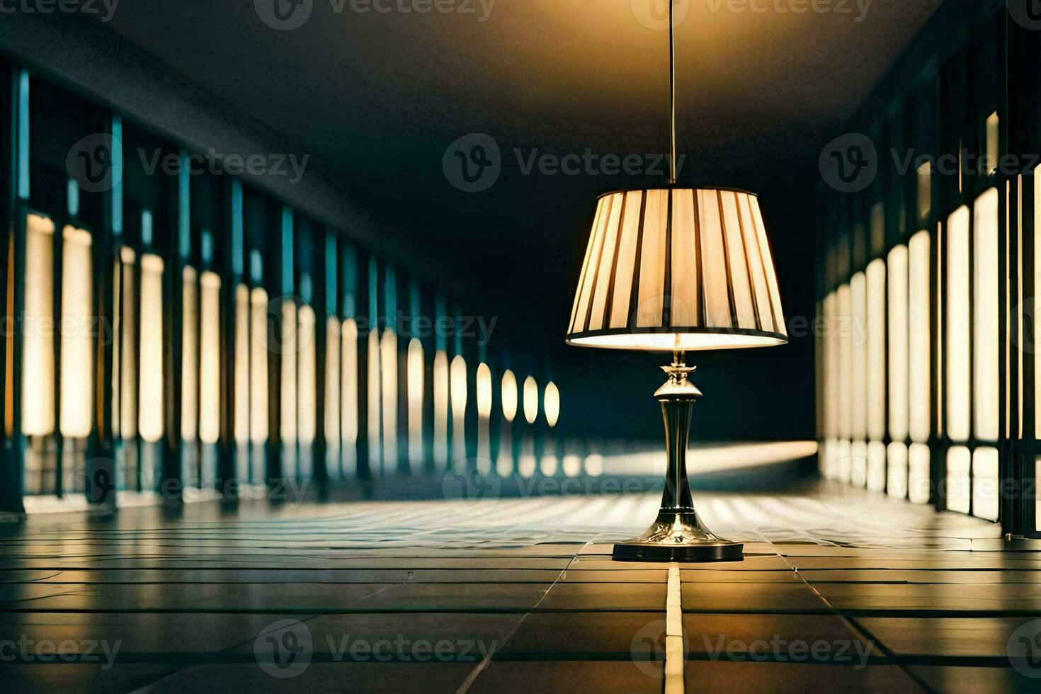 a lamp is sitting on a floor in a dark hallway. AI-Generated photo