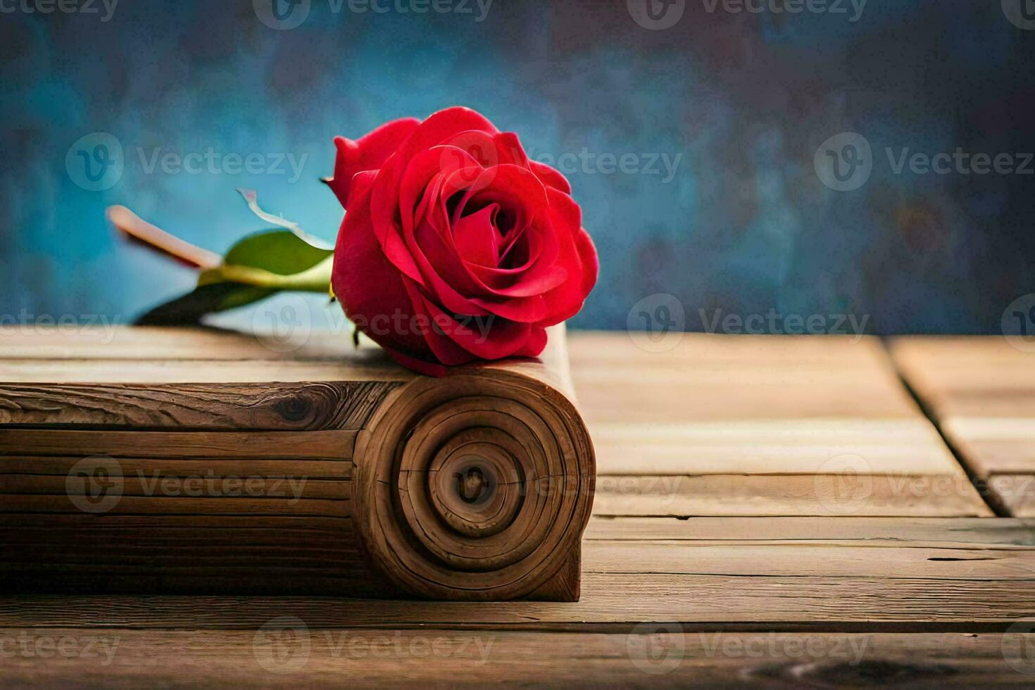 a single red rose on a wooden table. AI-Generated photo